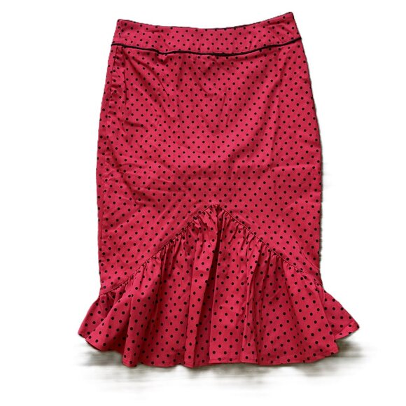 Hell Bunny Vixen Polka Dot Wiggle Skirt Peplum Bow Red/Black Women's Small - Picture 2 of 7